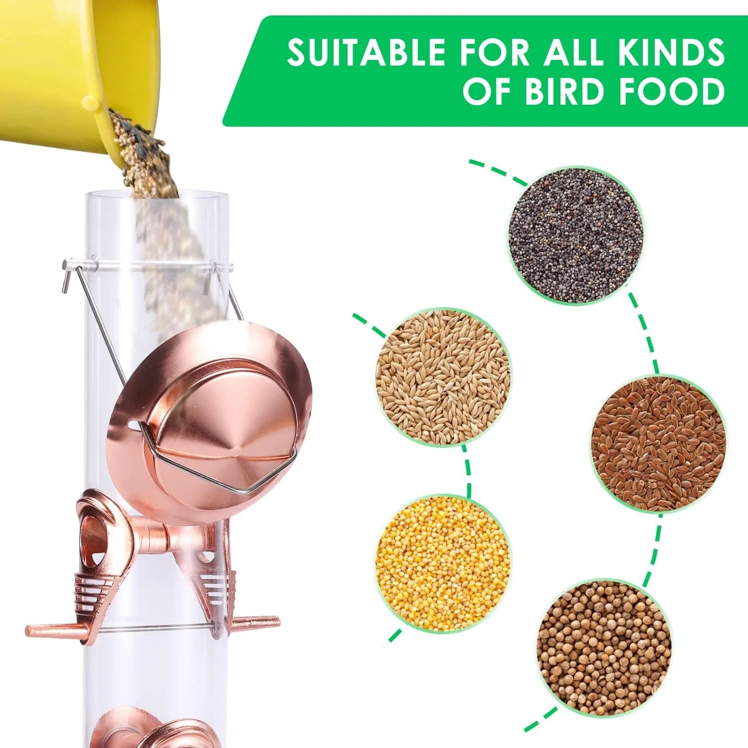 Wild Bird Feeders for Outdoors Hanging, Metal Tube Feeder, 6 Feeding Ports, Rosegold - 1 Pack