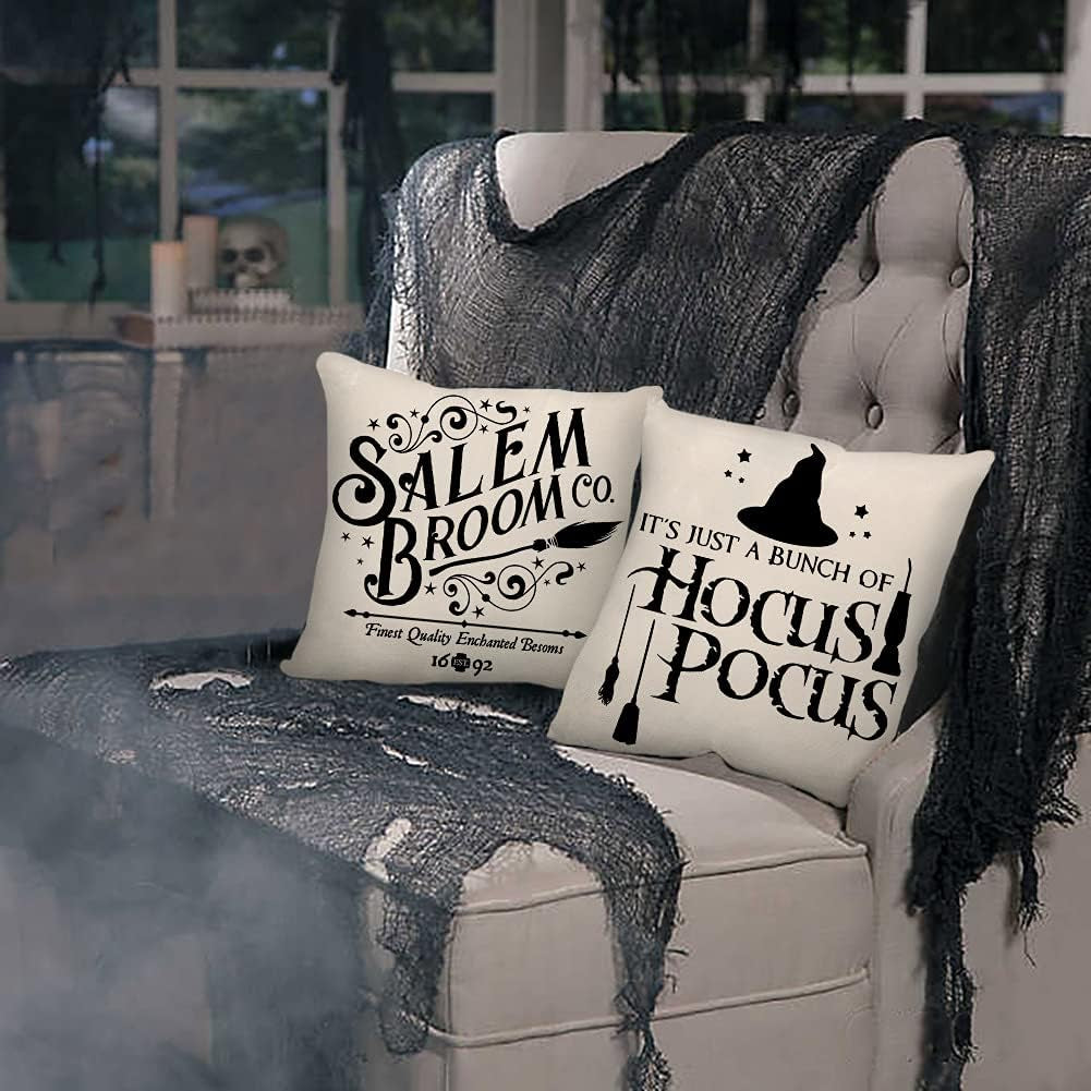 Halloween Decor Pillow Covers 18X18 Set of 4 Halloween Decorations Hocus Pocus Farmhouse Saying Outdoor Fall Pillows Decorative Throw Cushion Case for Home Couch TH023-18