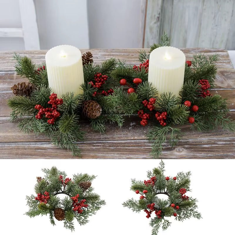 Christmas Candle Rings Table Decoration Christmas Wreath Candle Holder Ring Red Berries Table Centerpieces Candle Wreath
