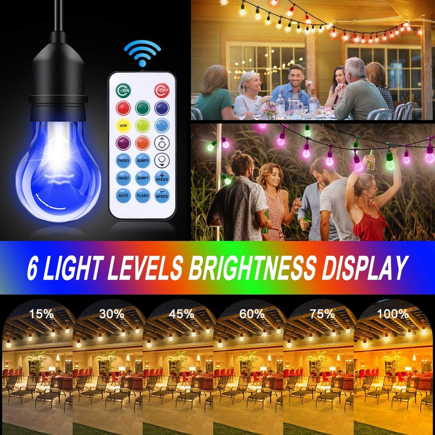 Ipstank 48FT Outdoor Patio Lights Color Changing, RGB LED String Lights with ...