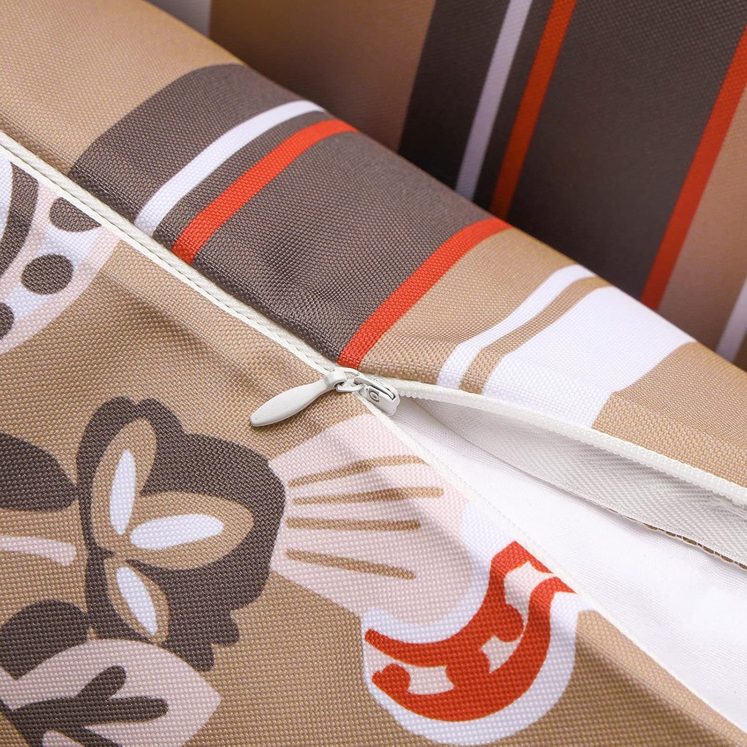 Pack of 2 Outdoor Indoor Throw Decorative Pillow Cover Decorative Waterproof Striped Floral Patio Pillows Cushion Case for Couch Tent Park, Light Coffee 18 X 18 Inches