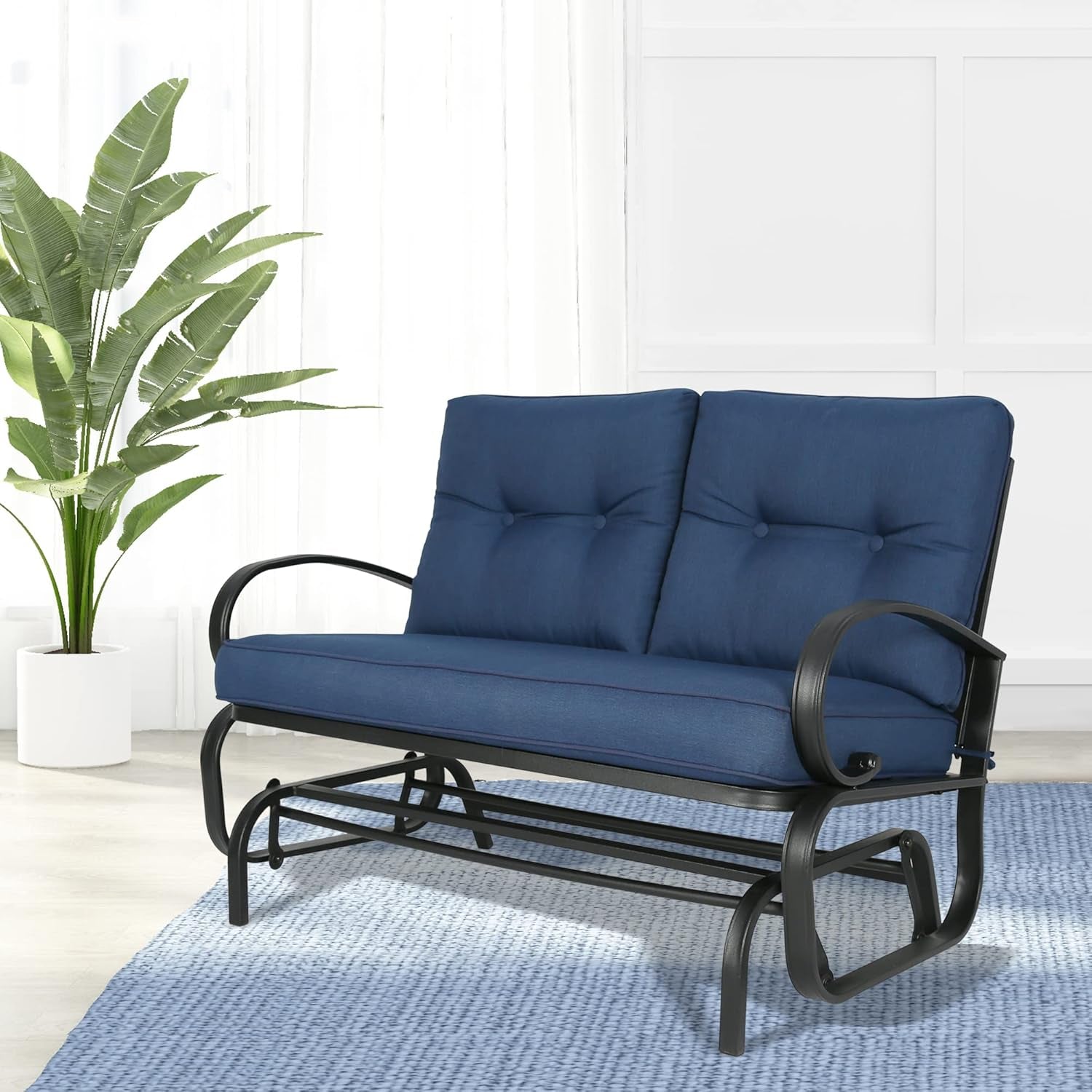 Outdoor Patio Glider Bench Loveseat - Cushioned 2 Person Rocking Seating Swing Chair for Patio, Navy