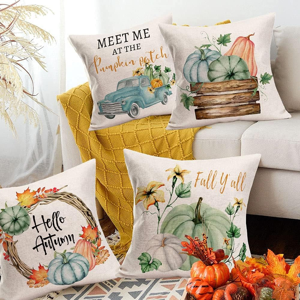 Pumpkin Home Fall Decor Throw Pillow Covers 22X22 Inch Set of 4 Autumn Harvest Maple Leaf Flower with Blue Truck Rustic Farmhouse Decorations Pillow Cases Thanksgiving Cotton Linen