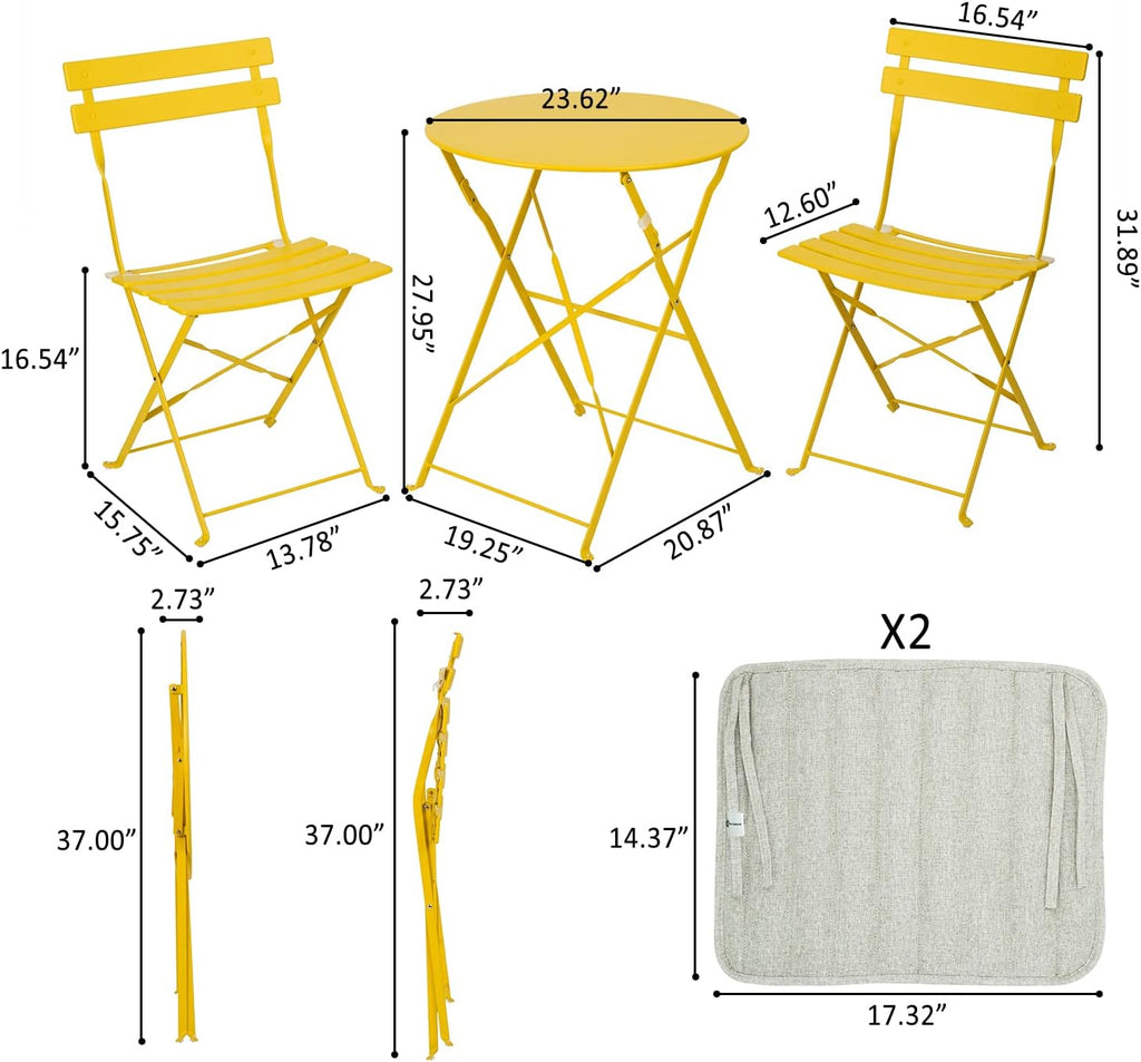 Patio Bistro Set, Outdoor Patio Furniture Sets, 3 Piece Patio Set of Foldable Bistro Chairs and Table, Yellow