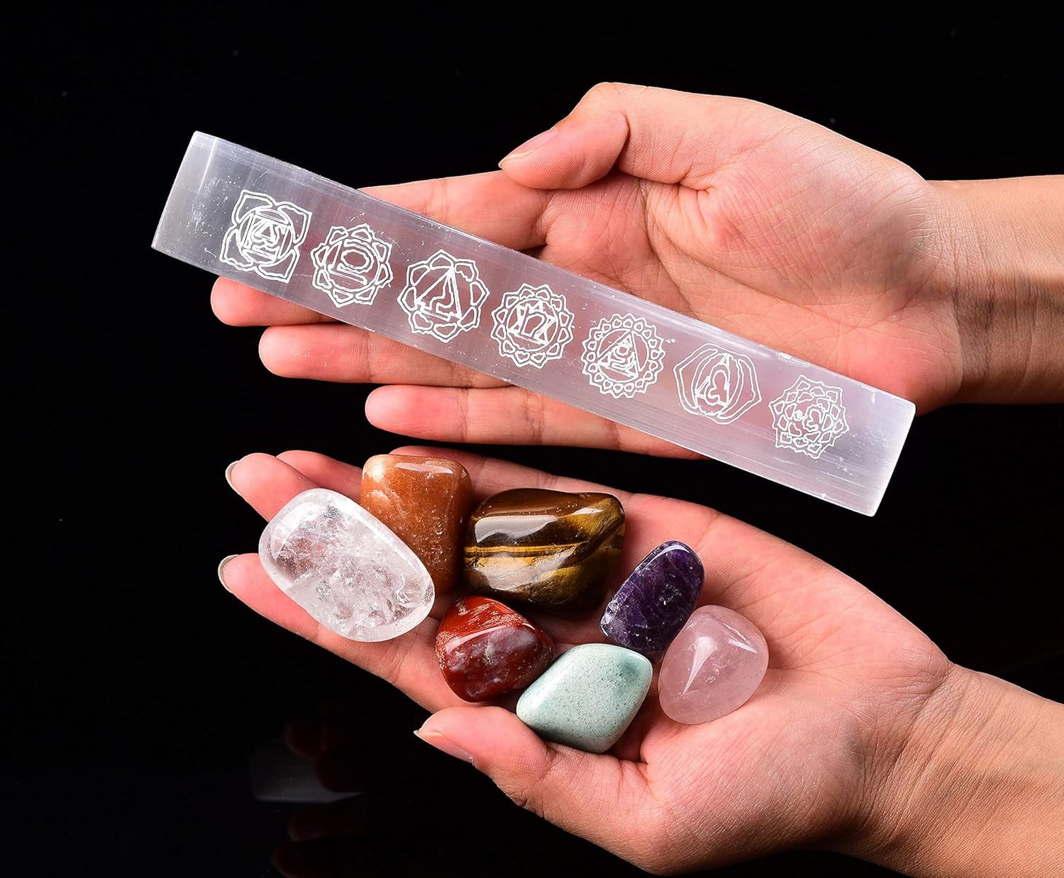 6" Selenite Ruler 7 Chakra Engraved Selenite Charging Slab Chakra Stones Set