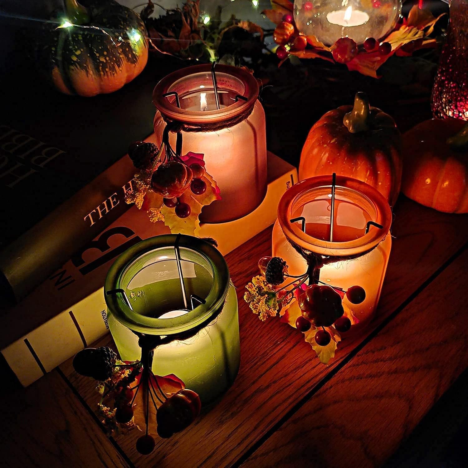 Fall Candle Holders Set of 6, Pumpkin Glass Votive Candle Holders, Amber Tea Lights Holders for Thanksgiving Table Decoration