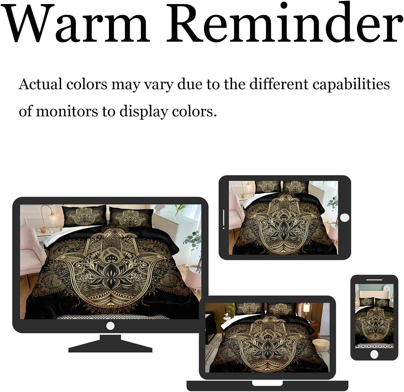 Boho King Comforter Set Black and Gold Comforter Hamsa Hand of Fatima Bohemian Floral Printed Hippie Bedding Sets 1 Comforter 2 Pillowcases(King, Hamsa Hand)