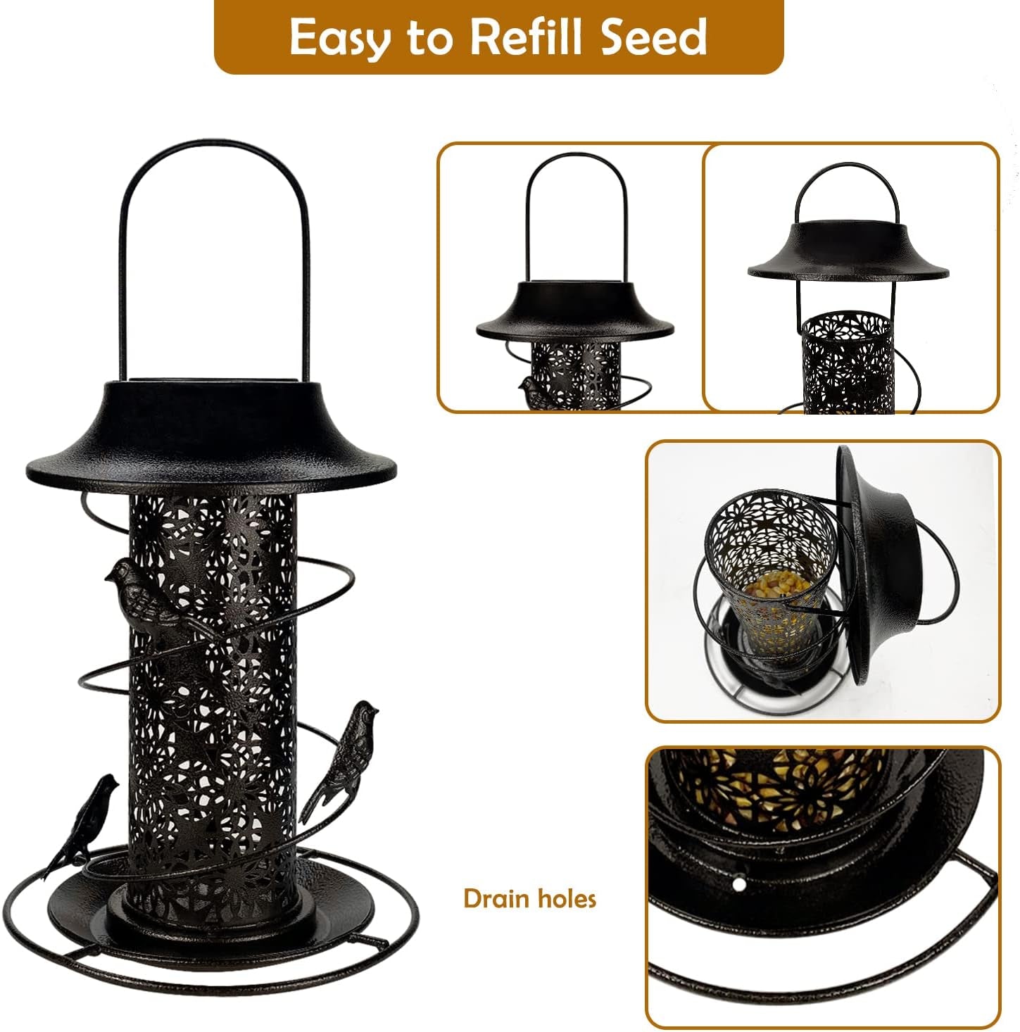 Solar Bird Feeder Heavy Duty Wild Bird Feeder Waterproof Tube Bird Feeder Solar Powered Garden Lantern Bird House Feeder with Light for outside Hanging Garden Decoration - Bronze