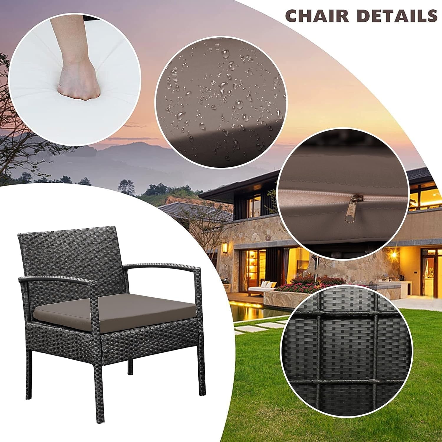 3 PCS Patio Rattan Conversation Chairs Set, Outdoor Patio Furniture Balcony Furniture Set, Wicker Patio Bistro Set for Garden Porch Balcony Yard, Brown