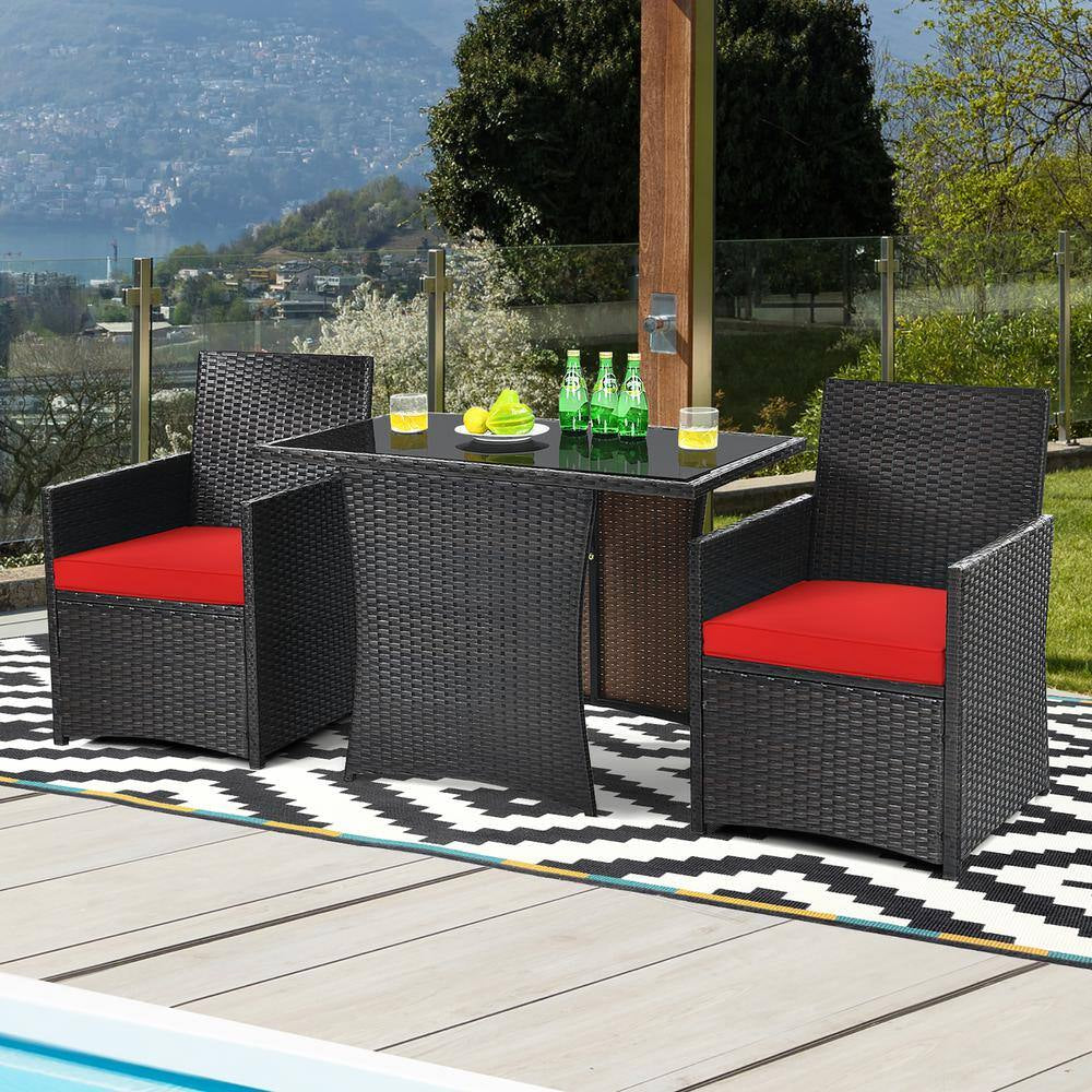 3-Pieces Patio Rattan Patio Conversation Set with Red Cushions