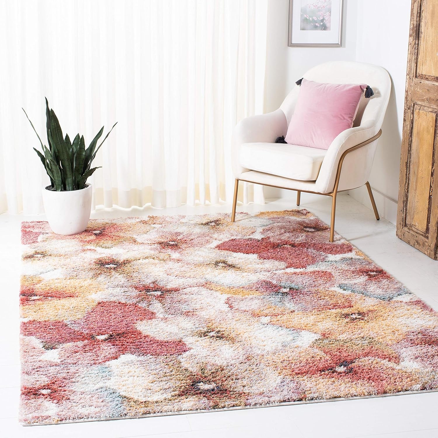 Calista Shag Collection Area Rug - 5'5" X 7'7", Ivory & Rust, Floral Design, Non-Shedding & Easy Care, 1-Inch Thick Ideal for High Traffic Areas in Living Room, Bedroom (CAL152A)