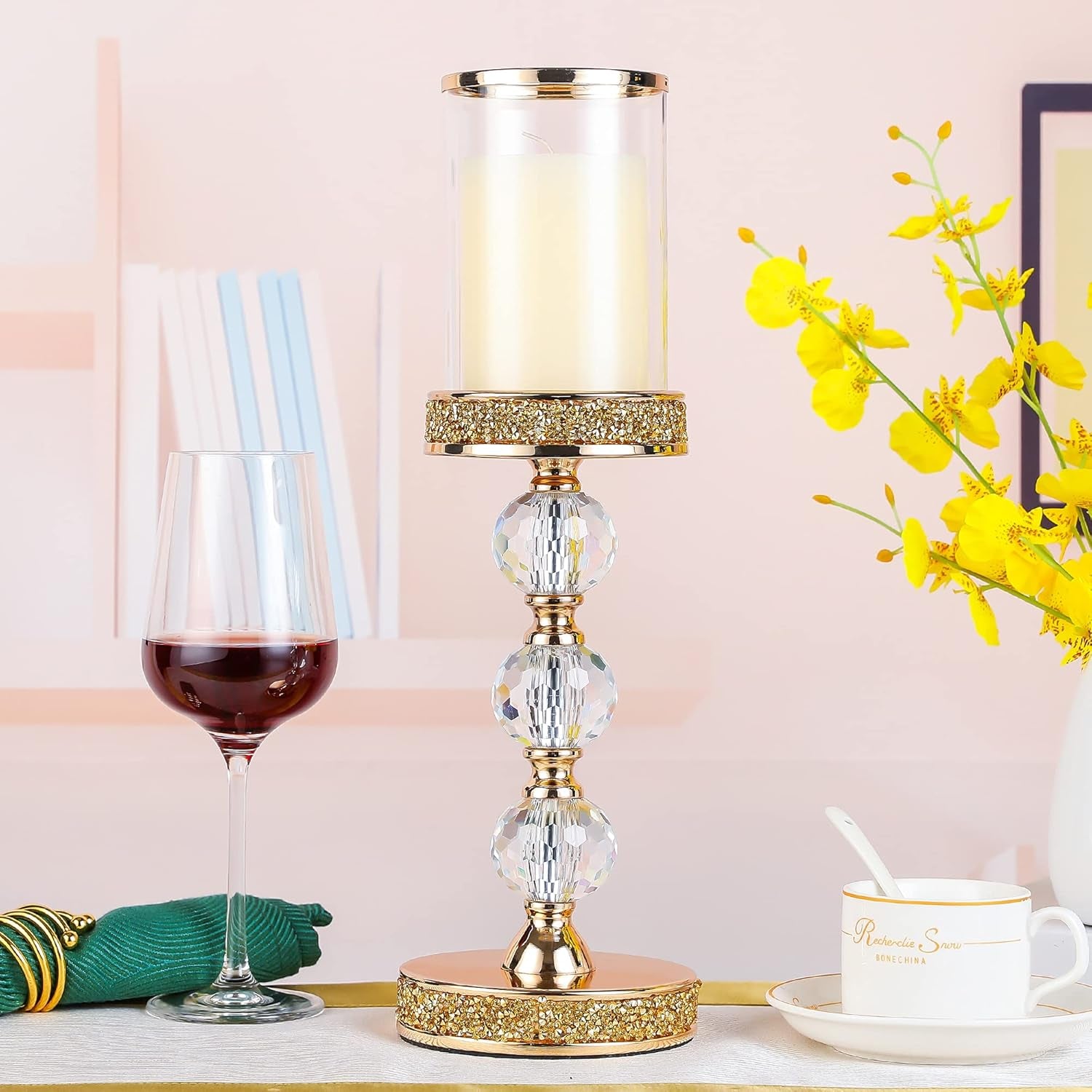 Hurricane Glass Candle Holders, Gold Pillar Candle Holders for Pillar Candle, Magnetic Glass Cover, Crystal Candlesticks Holder for Dining Coffee Table, Wedding,Events,Parties, Home Decor