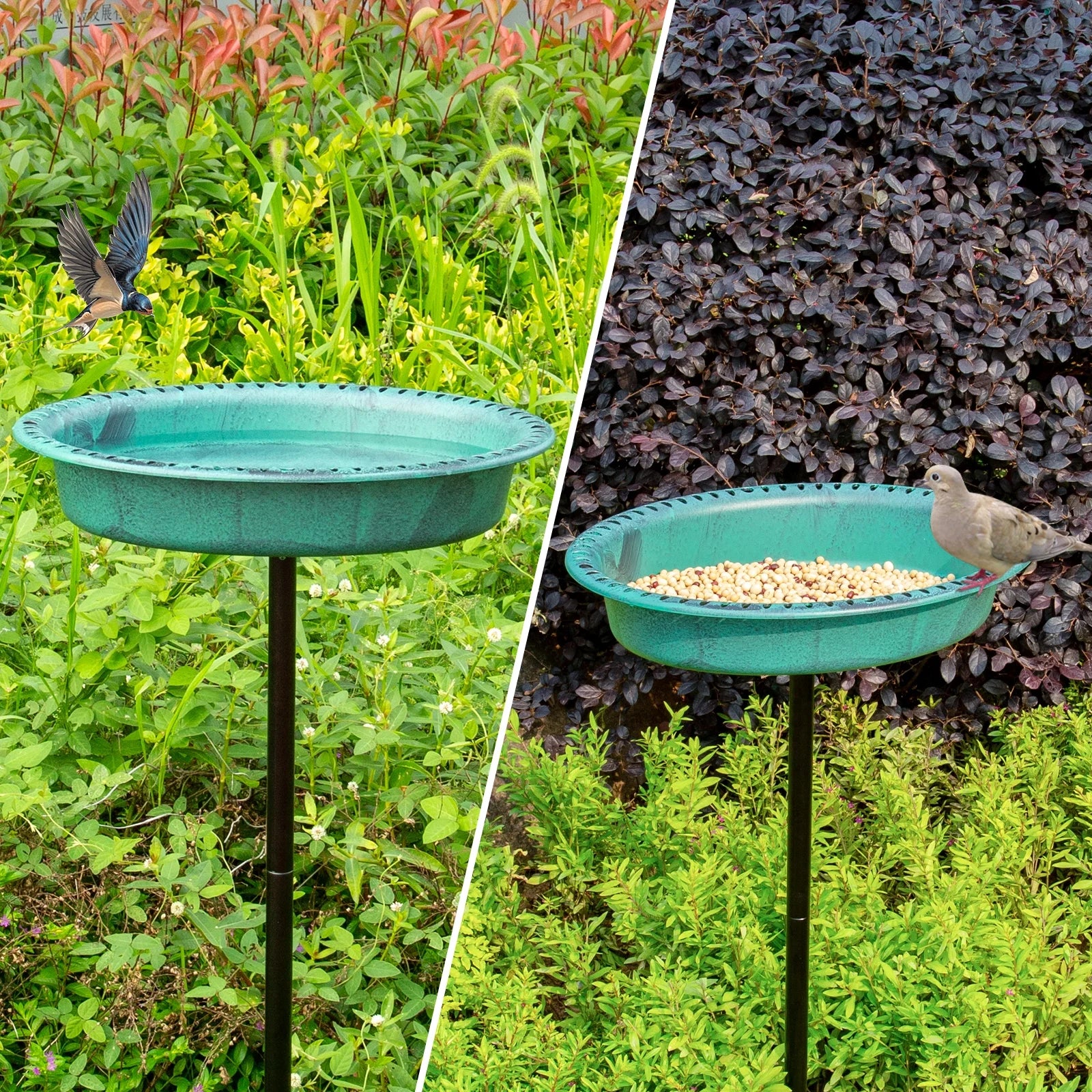 Oval Polyresin Bird Bath Bowl with Metal Stake, 34 Inch Height Outdoor Freestanding Birdfeeder - Green