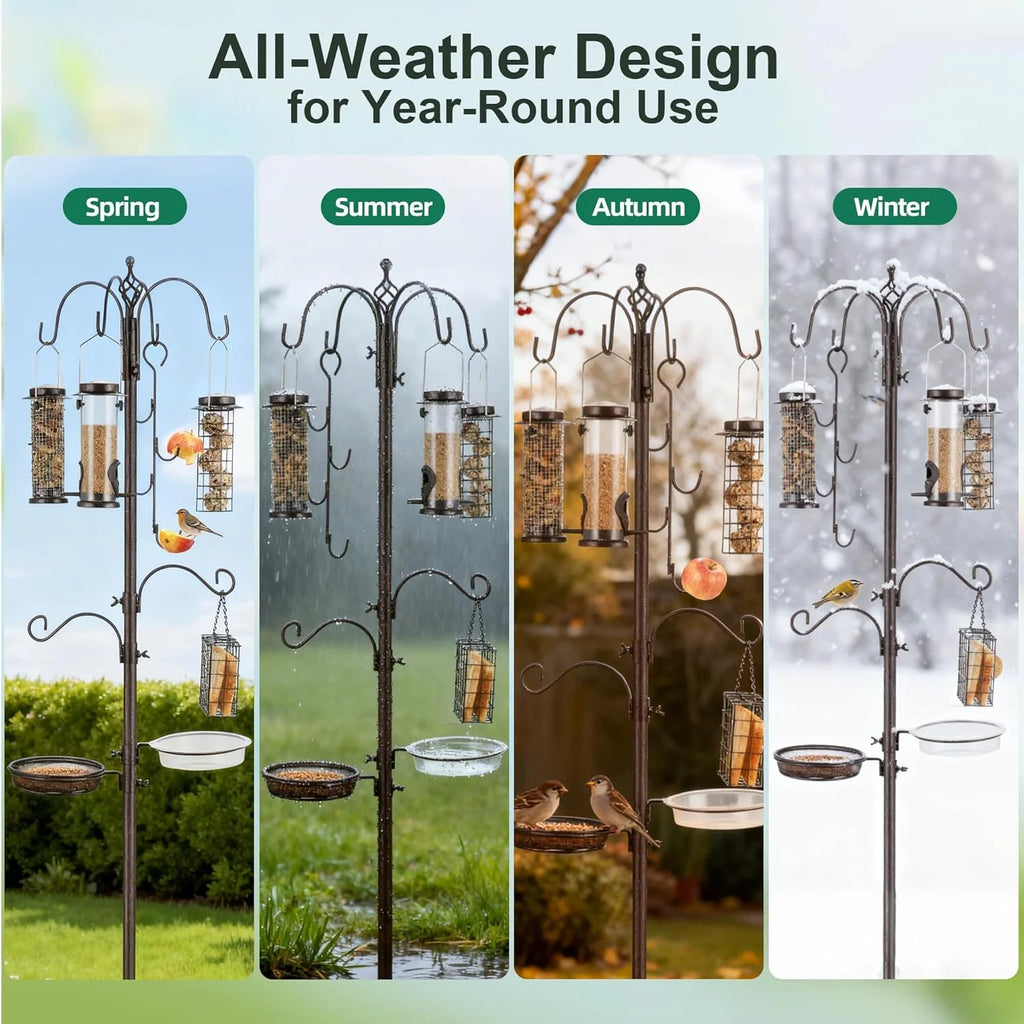 Bird Feeding Station,A Set with 6 Bird Feeders Hanging,Bird Feeder Poles Kit Premium Bird Bath for Attracting Wild Birds,Black