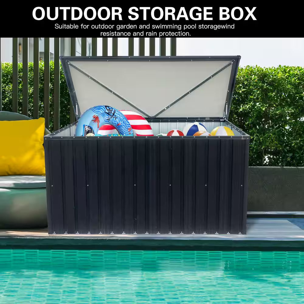 215 Gal. Black Metal Deck Box Waterproof for Large Patio Storage for Patio Furniture, Gardening Tools, Pool and Sports