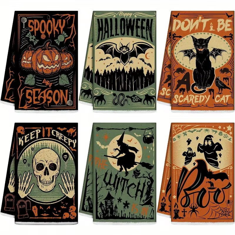 6Pcs Rags Halloween Hand Towels Trick or Treat Kitchen Towels Ghost Cat Bat Dish Towels Holiday Tea Towels Home Items