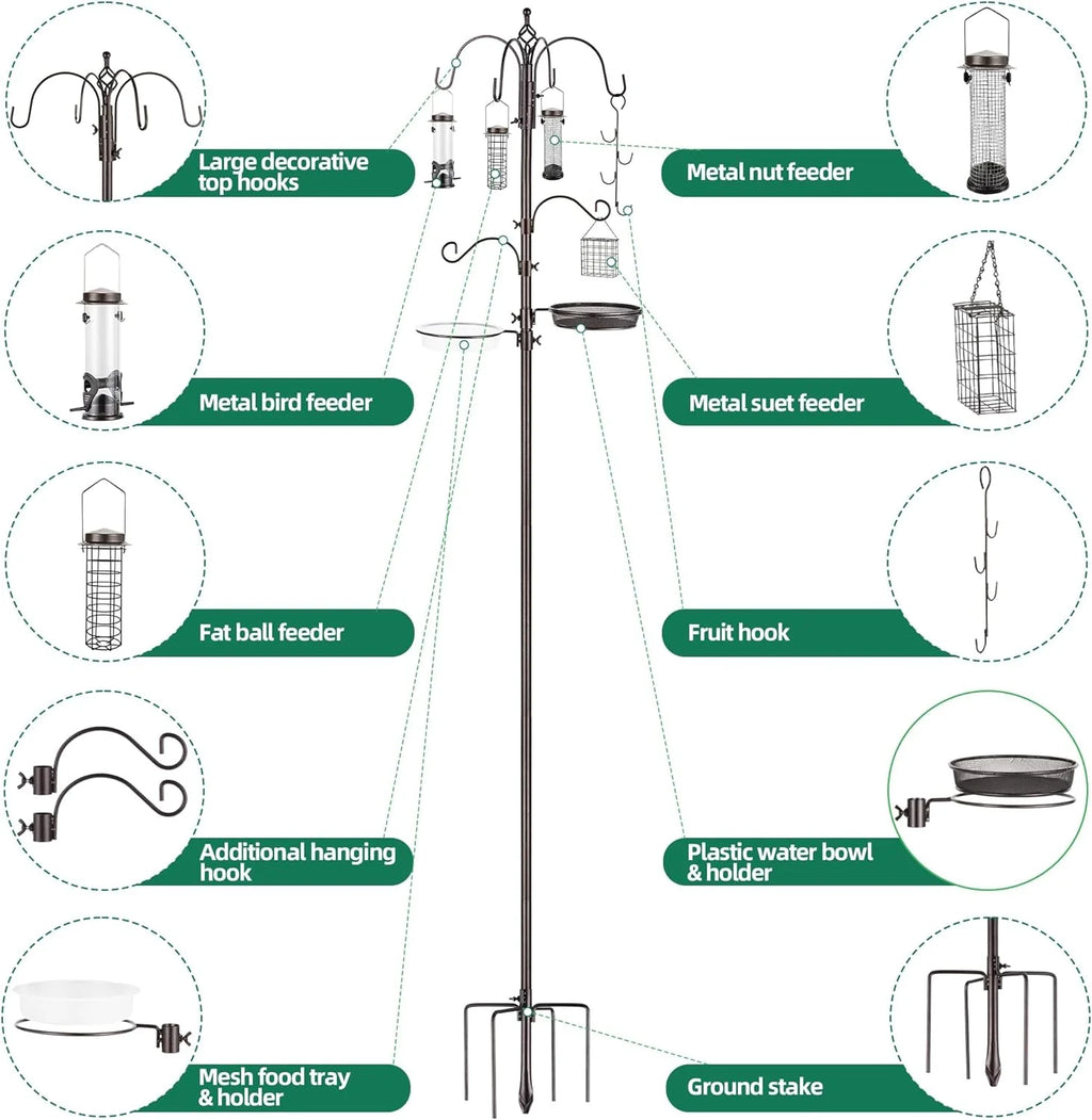 Bird Feeding Station,A Set with 6 Bird Feeders Hanging,Bird Feeder Poles Kit Premium Bird Bath for Attracting Wild Birds,Black