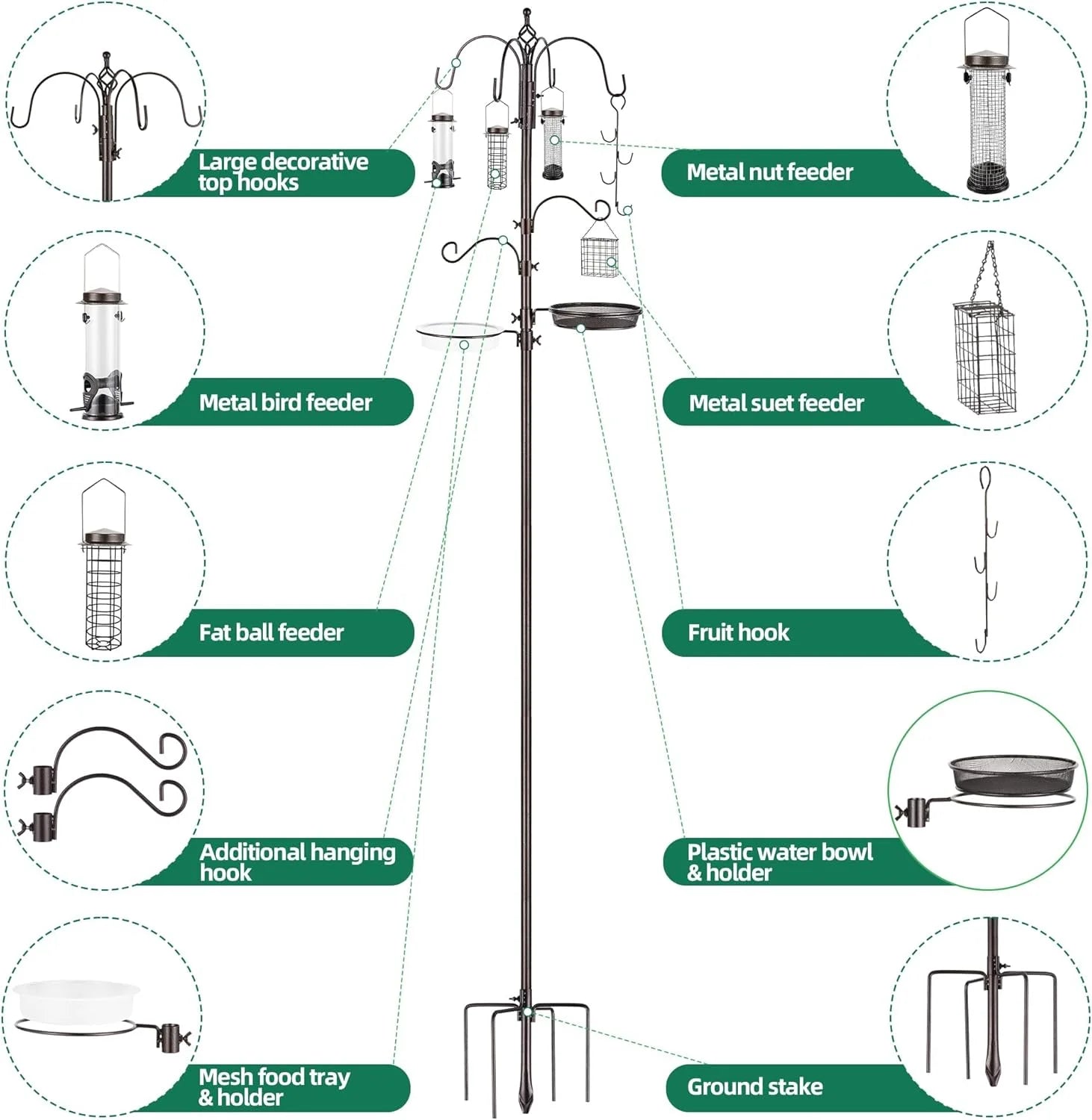 Bird Feeding Station,A Set with 6 Bird Feeders Hanging,Bird Feeder Poles Kit Premium Bird Bath for Attracting Wild Birds,Black