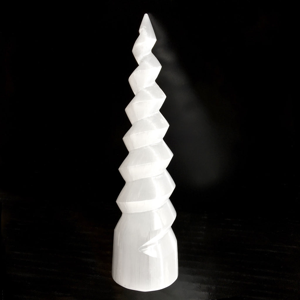 XL Selenite Tower Crystal Spiral Energy Wand 8" Point Cleanse Reiki CHARGE Heal