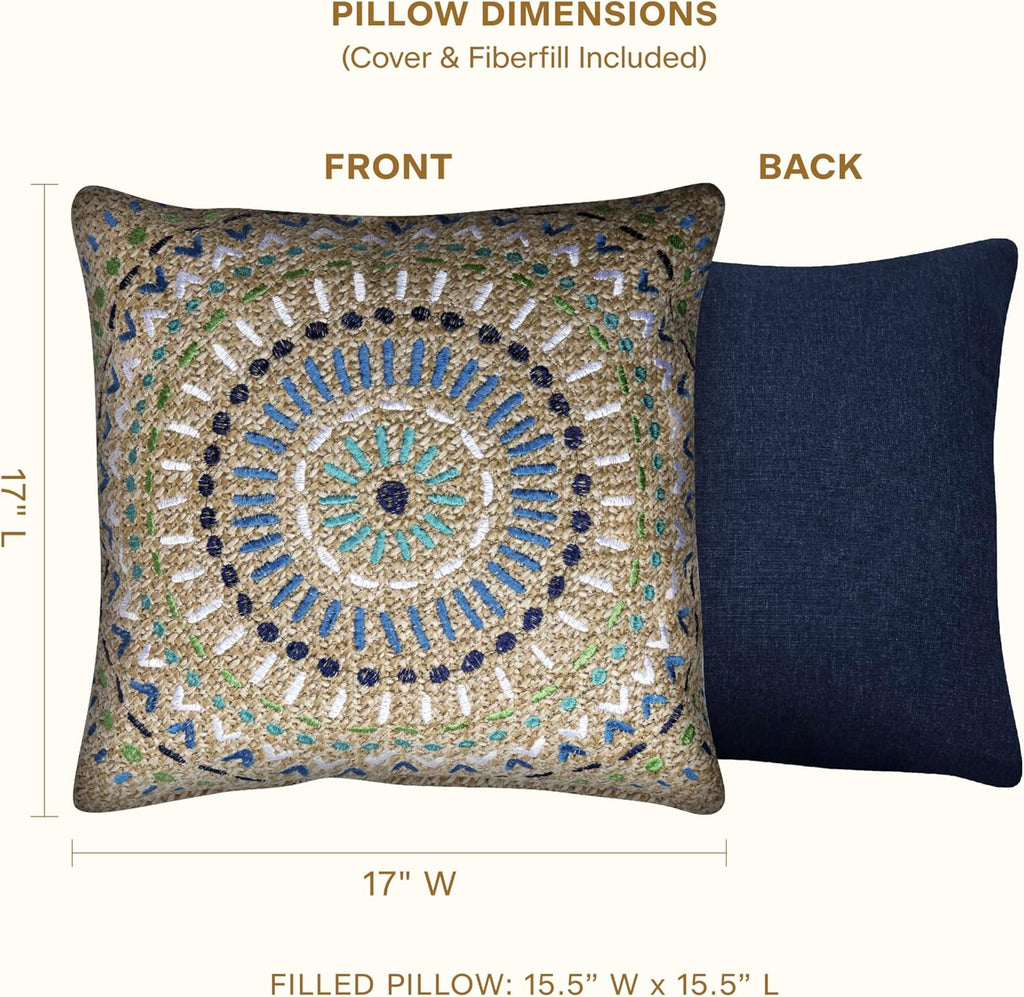 Outdoor Square Toss Pillow Set, 17" H X 17" L, Raffia Medallion Poolside Outdoor Pillows