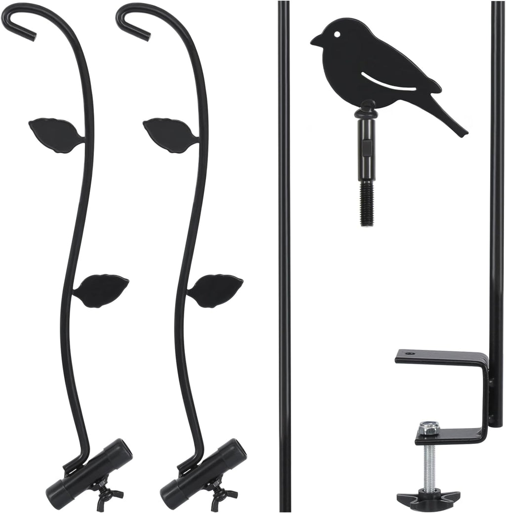Deck Bird Feeder Pole, 42 Inches, Multiple Hooks, Adjustable, Detachable, Heavy Duty Steel, Stable, Black, Birdfeeders Porch for Deck Kit for outside Bird Feeders and Plant Hangers