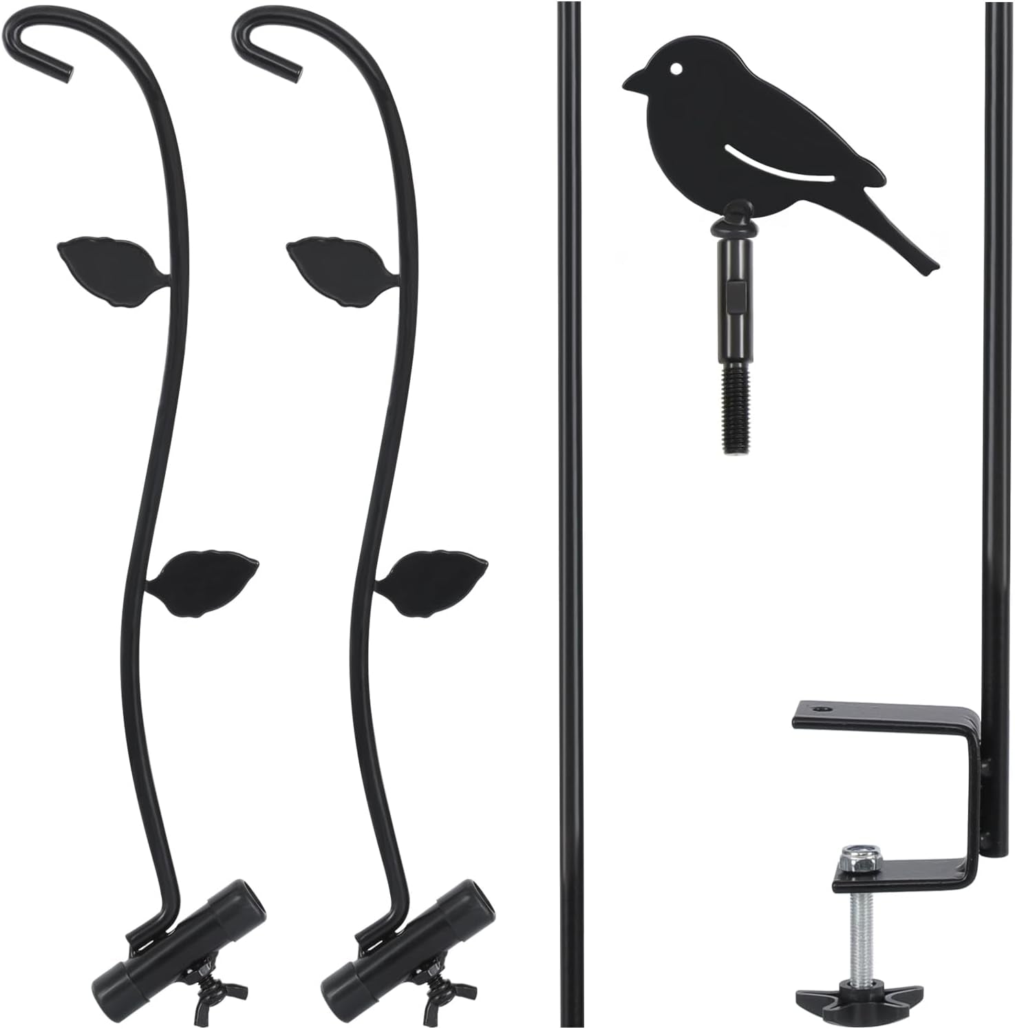 Deck Bird Feeder Pole, 42 Inches, Multiple Hooks, Adjustable, Detachable, Heavy Duty Steel, Stable, Black, Birdfeeders Porch for Deck Kit for outside Bird Feeders and Plant Hangers