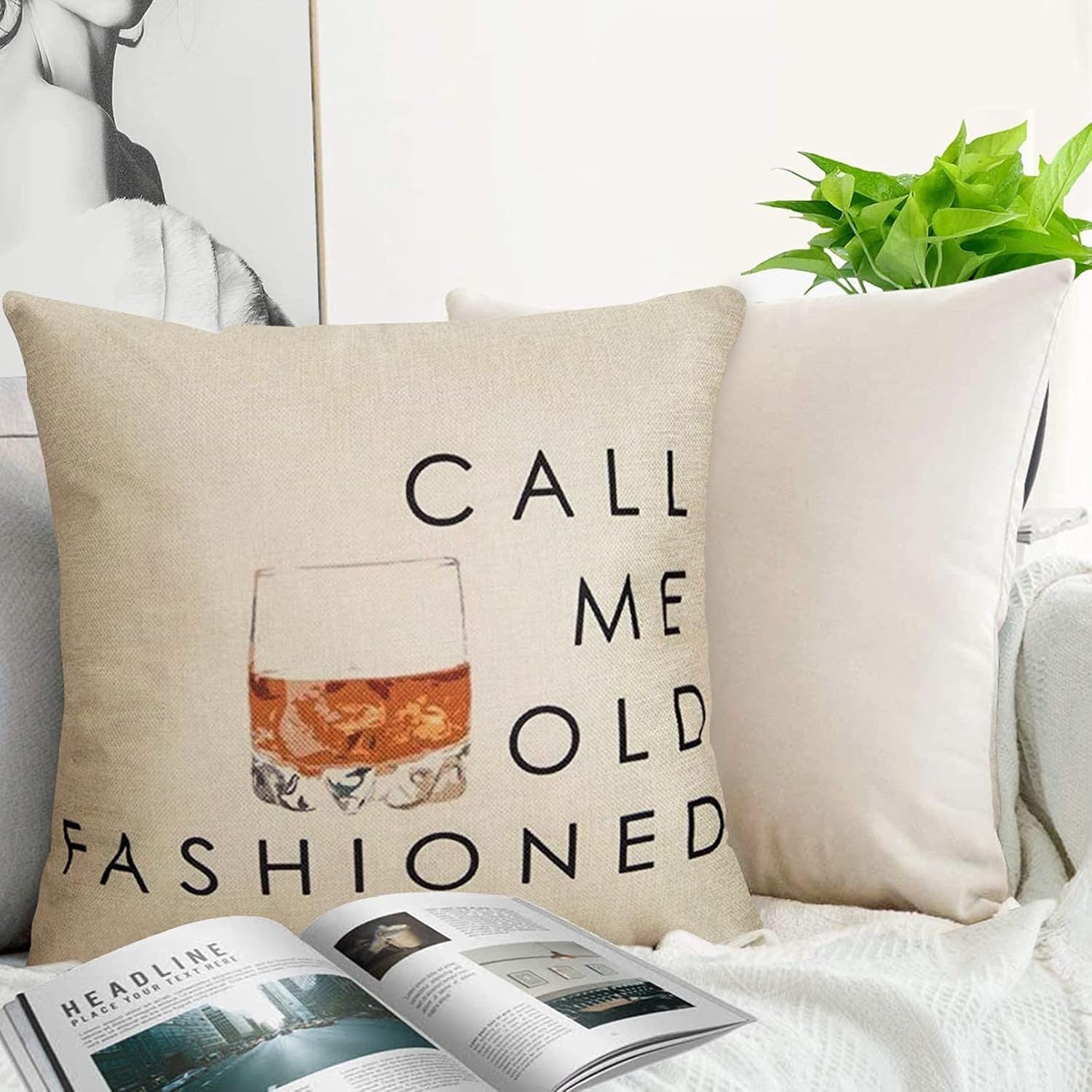 Funny Quote Saying Call Me Old Fashioned Throw Pillow Cover Red Christmas Sign Winter Holiday Decor Cushion Case Decorative for Sofa Couch 18" X 18" Inch Cotton Linen