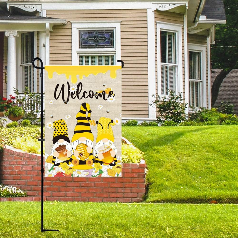 Summer Garden Flags, Gnomes Double Sided Garden Flag Seasonal Welcome Yard Flag Burlap Garden Flag for outside Labor Day Garden Flag for Bee Garden Decor