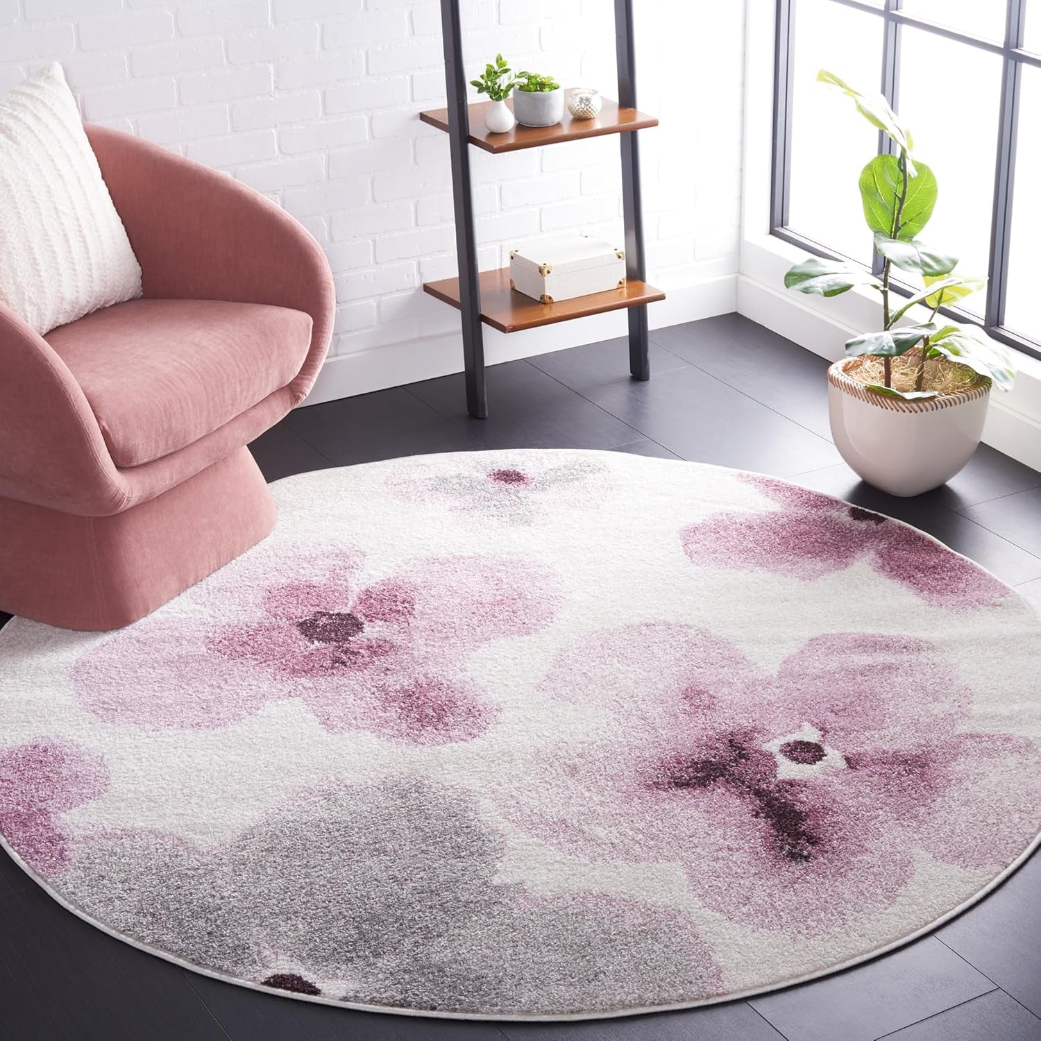 Adirondack Collection Area Rug - 6' Round, Ivory & Purple, Floral Watercolor Design, Non-Shedding & Easy Care, Ideal for High Traffic Areas in Living Room, Bedroom (ADR123L)