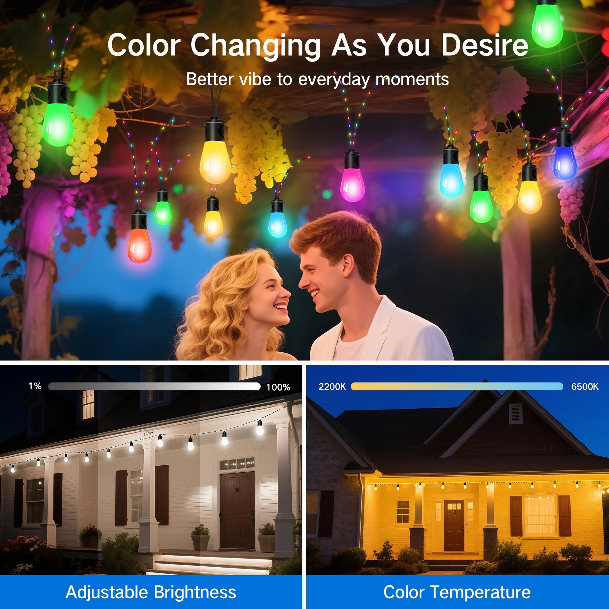 Outdoor String Lights, 45FT Smart RGBIC Patio Lights with 12 Bulbs for Christmas Halloween Decorations, Wifi Patio Lights with Remote & App Control, LED Lights for Outdoor Lighting & Backyard