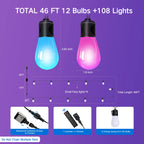 Outdoor String Lights, 45FT Smart RGBIC Patio Lights with 12 Bulbs for Christmas Halloween Decorations, Wifi Patio Lights with Remote & App Control, LED Lights for Outdoor Lighting & Backyard