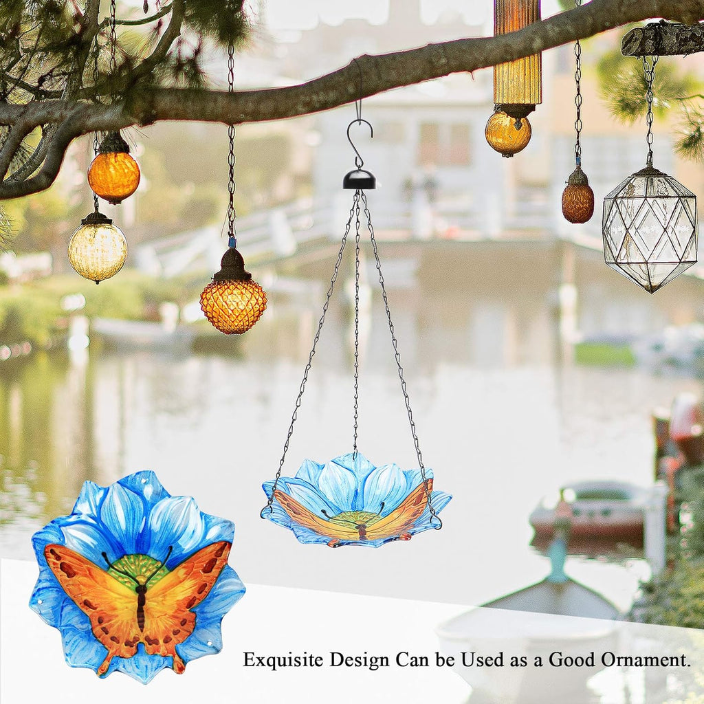 Hanging Outdoor Bird Bath - Glass Birdbath Butterfly Outdoor Bird Feeder for Garden Yard Decoration (Blue Flower Shape)