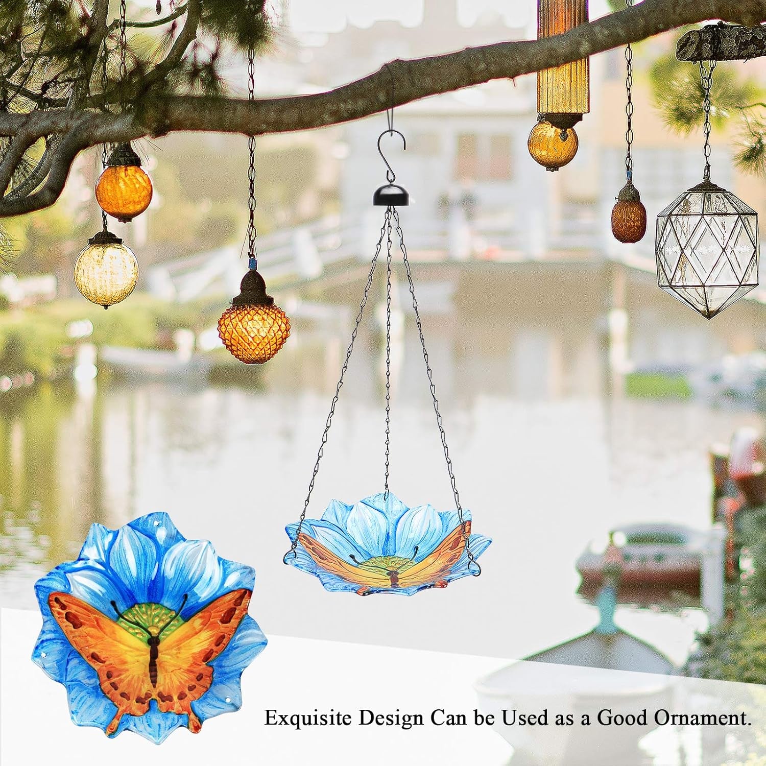 Hanging Outdoor Bird Bath - Glass Birdbath Butterfly Outdoor Bird Feeder for Garden Yard Decoration (Blue Flower Shape)