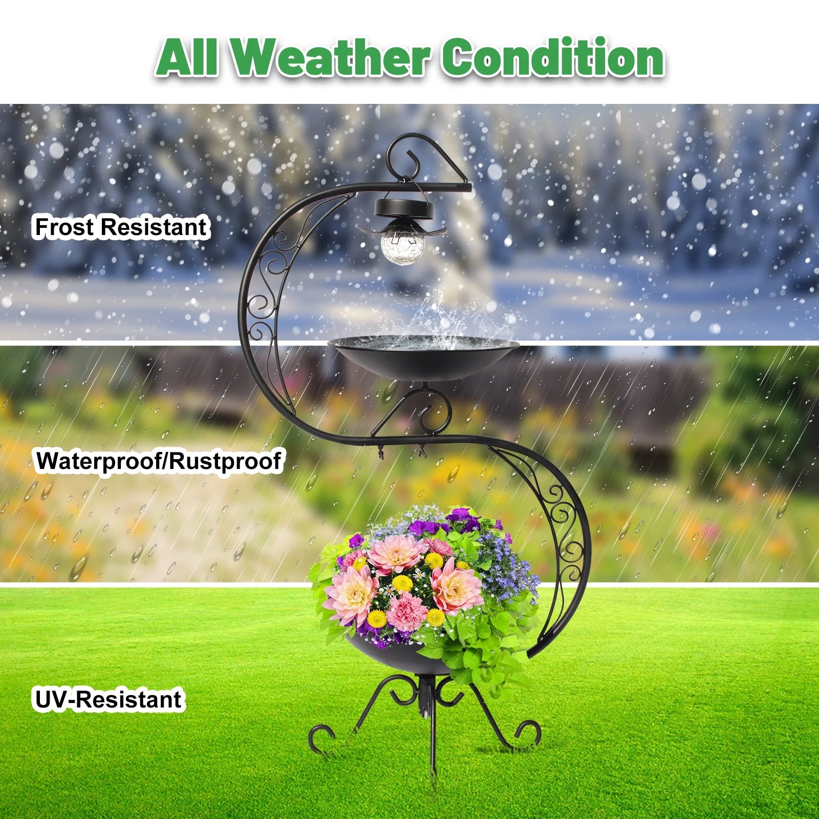 36" Vintage Cast Iron Bird Bath with Solar Lights & Feeder, Weather-Resistant Outdoor Garden Decor for Hummingbirds