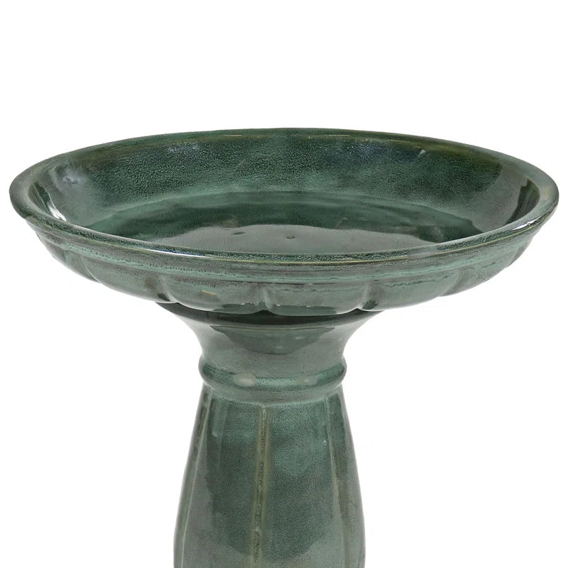 Aubriela Freestanding Ceramic Outdoor Bird Bath, Uv-Resistant Green Mist Finish
