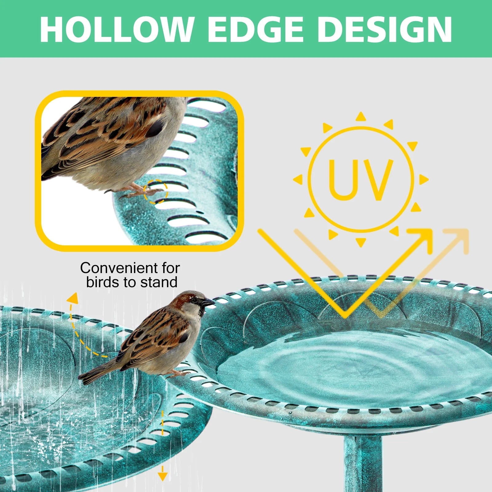 Bird Bath with 4 Planters 28" Height Pedestal Antique Outdoor Garden Decor Vintage Yard Art (Green)