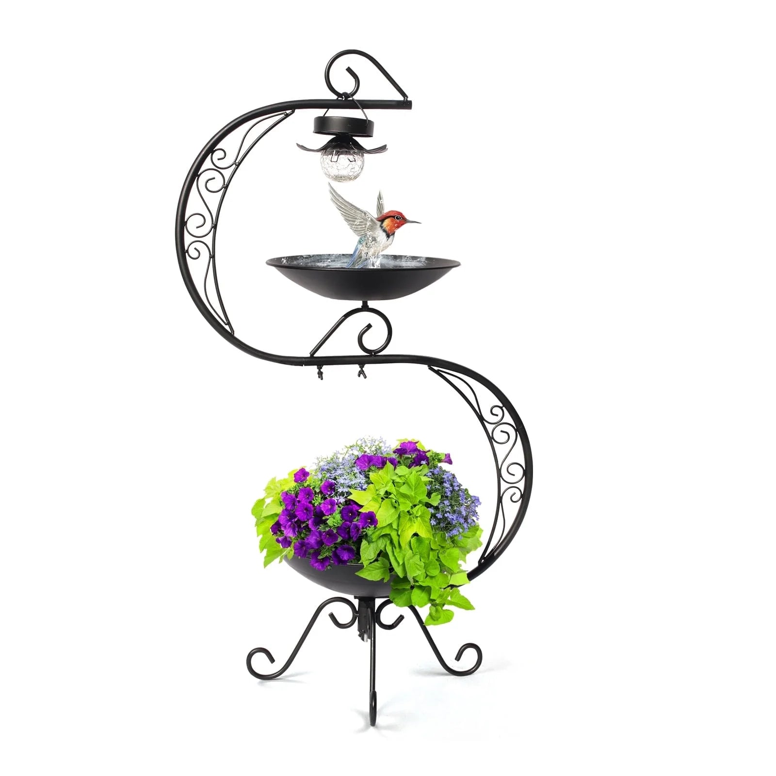 36" Vintage Cast Iron Bird Bath with Solar Lights & Feeder, Weather-Resistant Outdoor Garden Decor for Hummingbirds