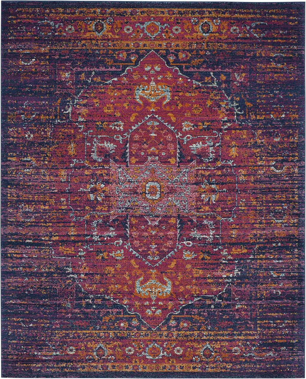 Evoke Collection 8' X 10' Blue / Fuchsia EVK275F Oriental Medallion Distressed Non-Shedding Living Room Bedroom Dining Home Office Area Rug
