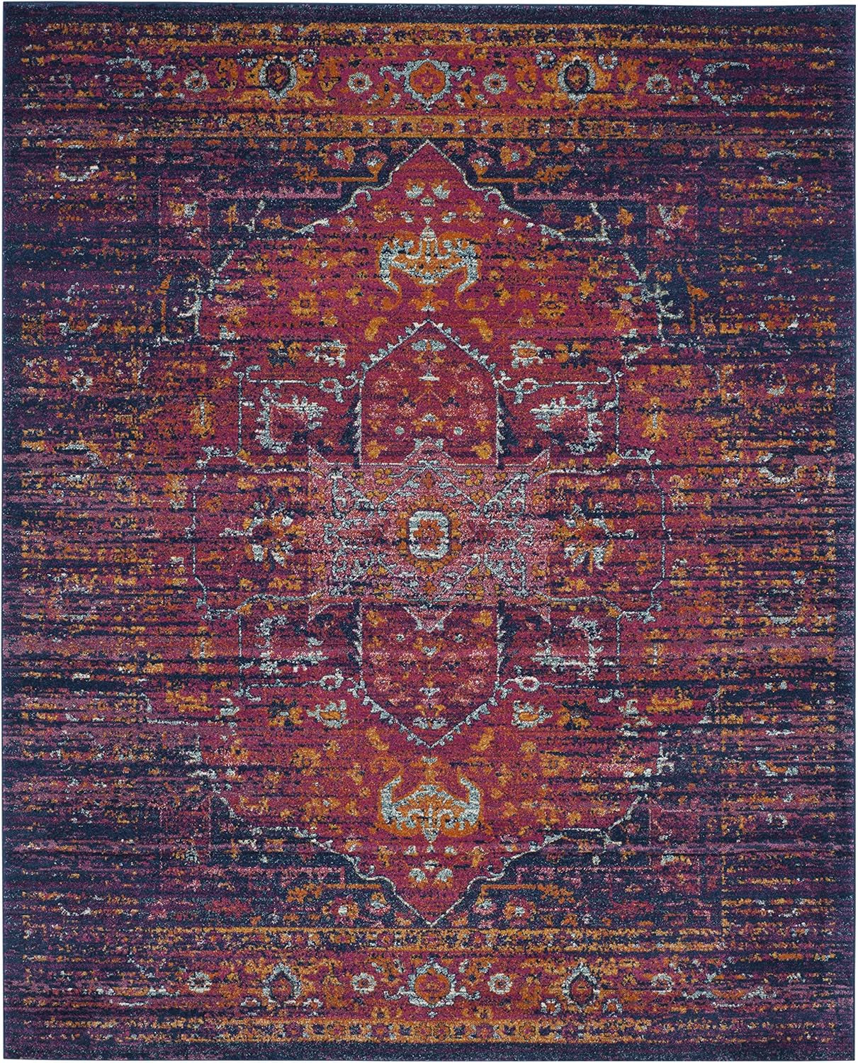Evoke Collection 8' X 10' Blue / Fuchsia EVK275F Oriental Medallion Distressed Non-Shedding Living Room Bedroom Dining Home Office Area Rug