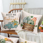 Pumpkin Home Fall Decor Throw Pillow Covers 22X22 Inch Set of 4 Autumn Harvest Maple Leaf Flower with Blue Truck Rustic Farmhouse Decorations Pillow Cases Thanksgiving Cotton Linen