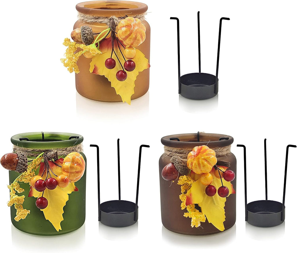Fall Candle Holders Set of 6, Pumpkin Glass Votive Candle Holders, Amber Tea Lights Holders for Thanksgiving Table Decoration