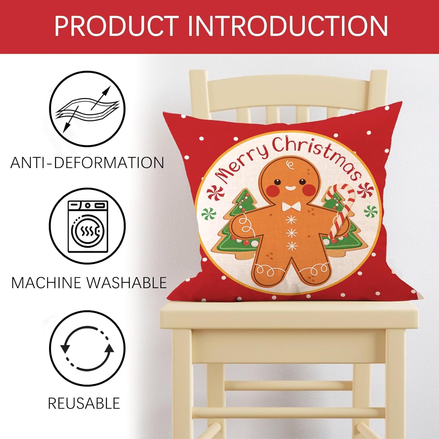 Merry Christmas Gingerbread Man House Decorative Throw Pillow Cover 18X18 Set of 4, Xmas Red Polka Dot Coffee Welcome Home Decorations, Winter Happy Cushion Case Decor for Sofa Couch