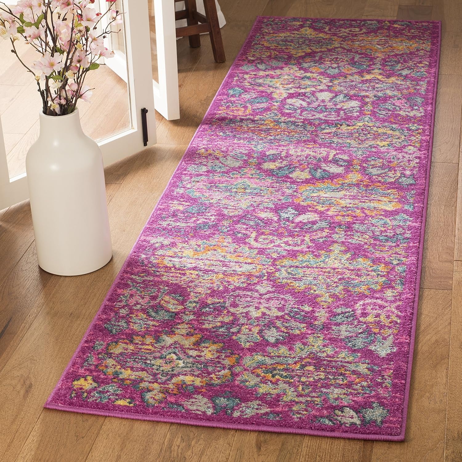 Madison Collection Runner Rug - 2'3" X 8', Fuchsia & Blue, Boho Chic Damask Design, Non-Shedding & Easy Care, Ideal for High Traffic Areas in Living Room, Bedroom (MAD144F)