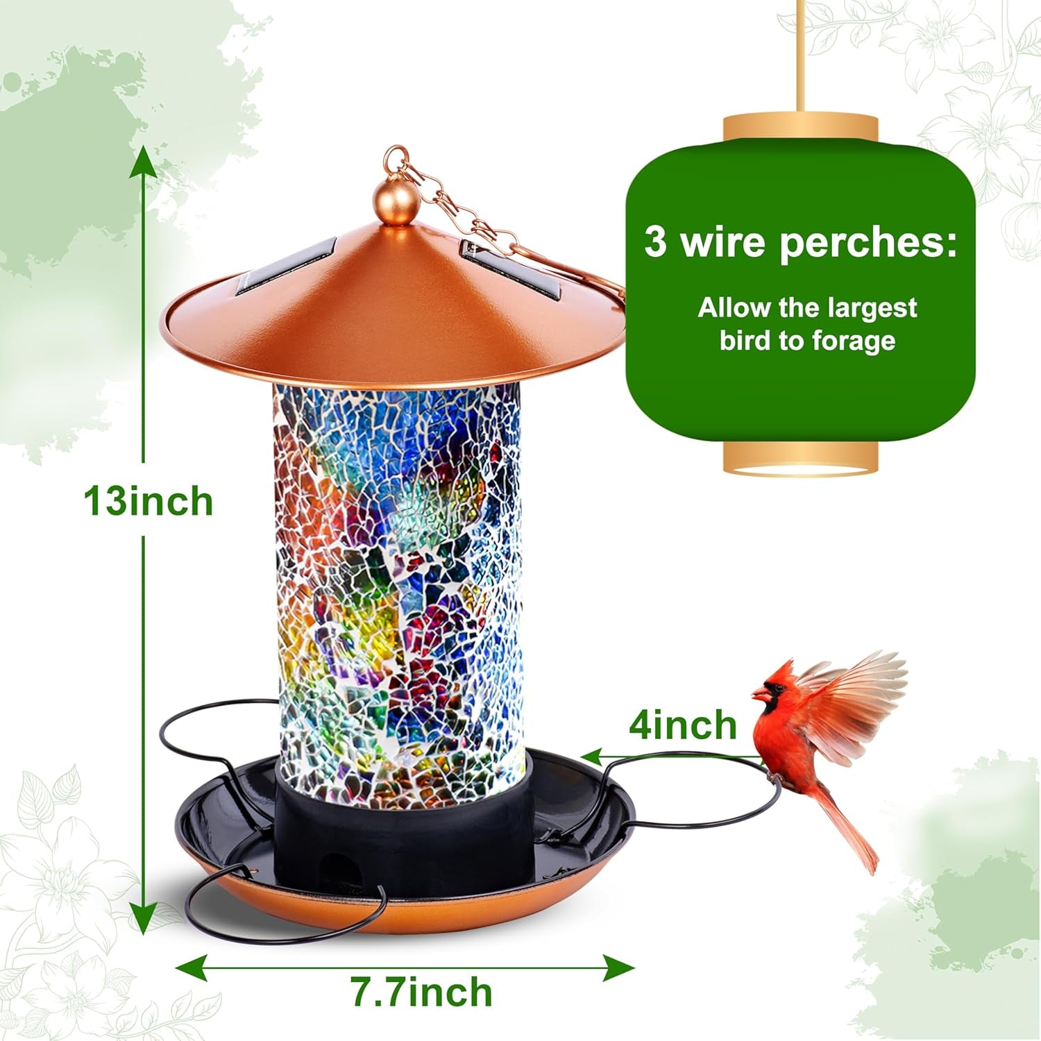 Mosaic Solar Wild Bird Feeder, Waterproof Lantern Shape with S-Hook & 4 LED Lights, Garden Decor for Lawn, Patio, Balcony, Yard Ornament - Unique Gifts for Mom, Women, Grandma, Bird Lovers