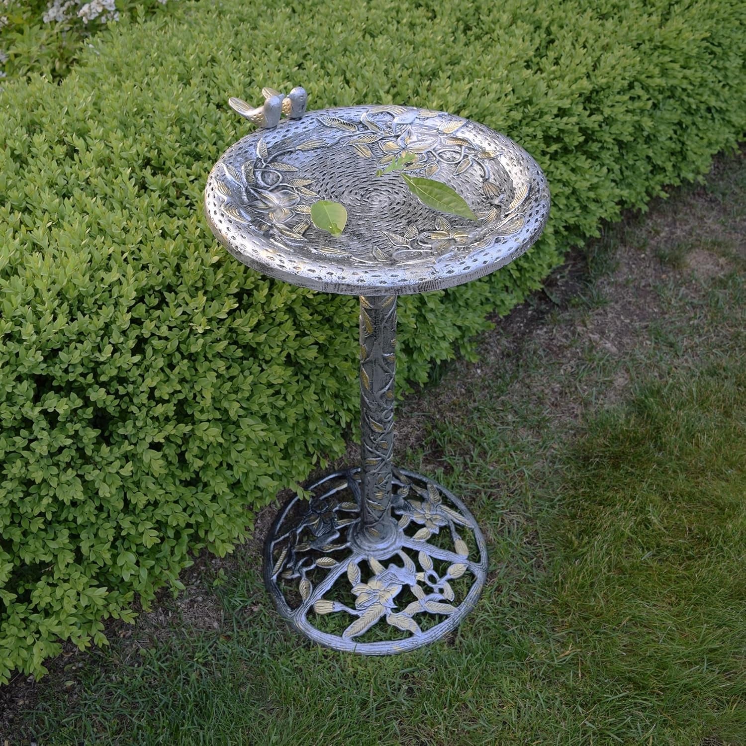 5131AP Antique Pewter Hummingbird Design Aluminum Birdbath, Silver