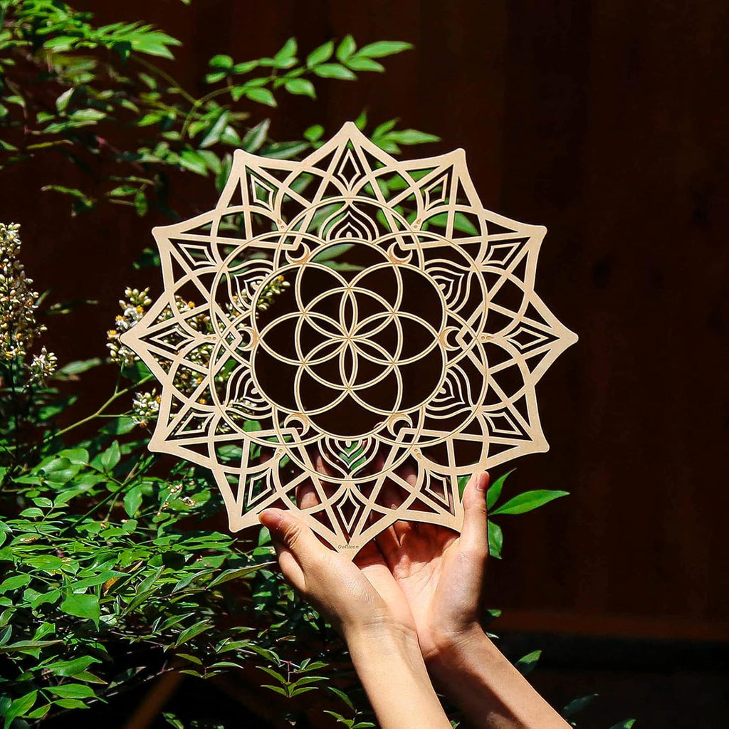 11.5" Sacred Geometry Wall Art, Wooden Mandala Wall Decor, Meditation Chakra Wood Wall Sculpture Art Symbol Spiritual Decor Yoga Gifts Crystal Grid Board (Mandala)