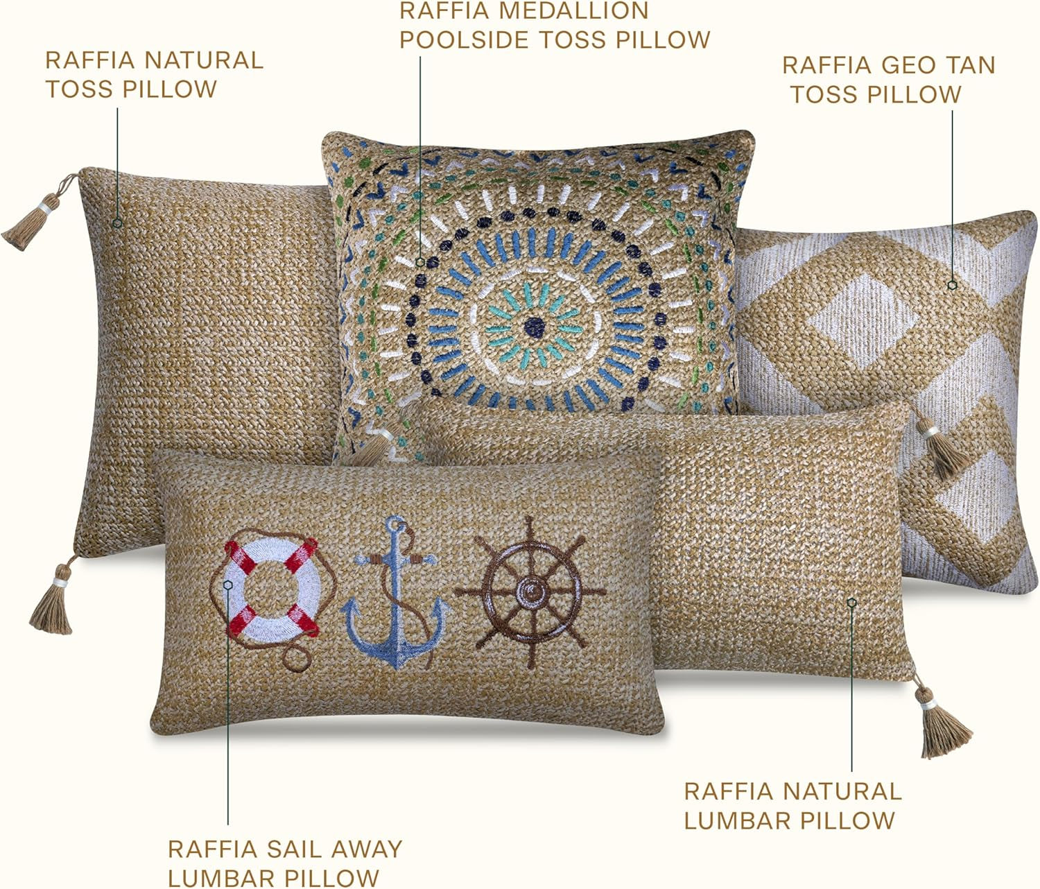 Outdoor Square Toss Pillow Set, 17" H X 17" L, Raffia Medallion Poolside Outdoor Pillows