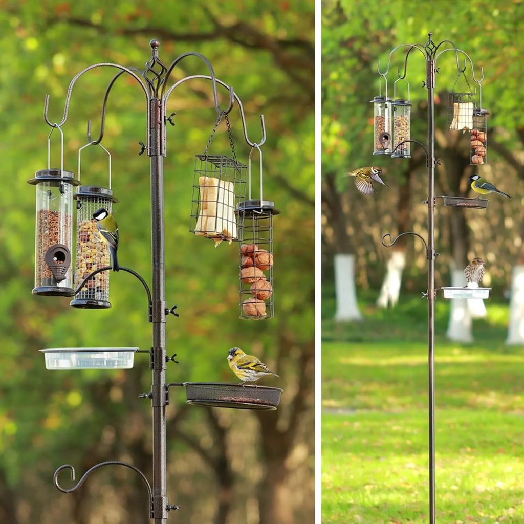 Bird Feeding Station,A Set with 6 Bird Feeders Hanging,Bird Feeder Poles Kit Premium Bird Bath for Attracting Wild Birds,Black