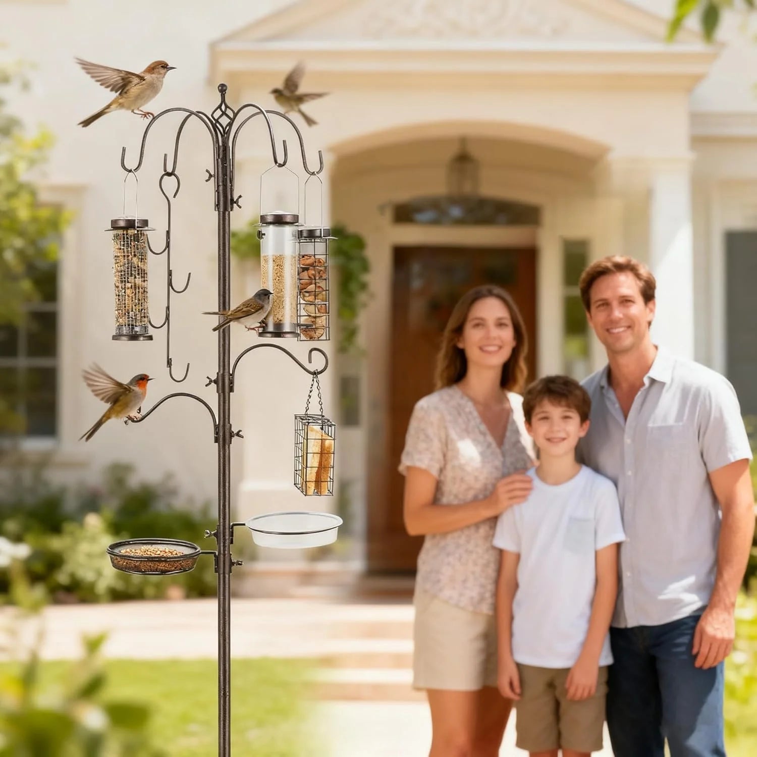 Bird Feeding Station,A Set with 6 Bird Feeders Hanging,Bird Feeder Poles Kit Premium Bird Bath for Attracting Wild Birds,Black