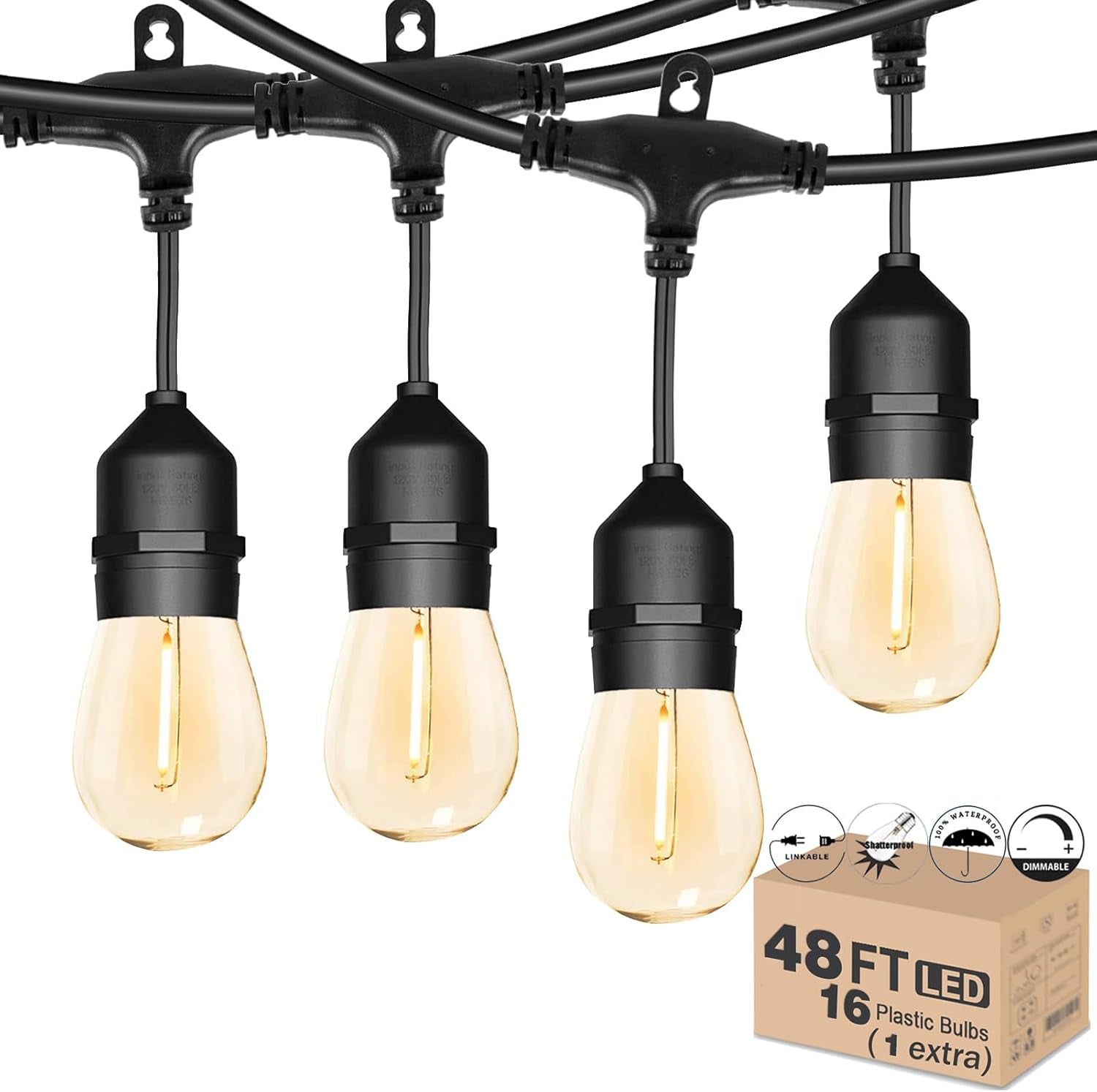 Outdoor String Light 48FT LED Heavy-Duty Patio Lights String Linkable with Shatterproof 15 LED Bulbs for outside Cafe Porch Market String Lights